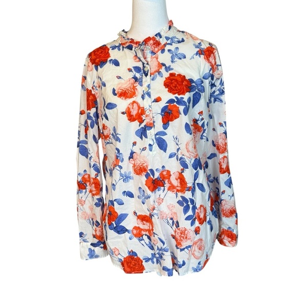 Talbots Floral Ruffle Neck 100% Cotton Popover Poplin Blouse Large Cottagecore - Picture 2 of 11